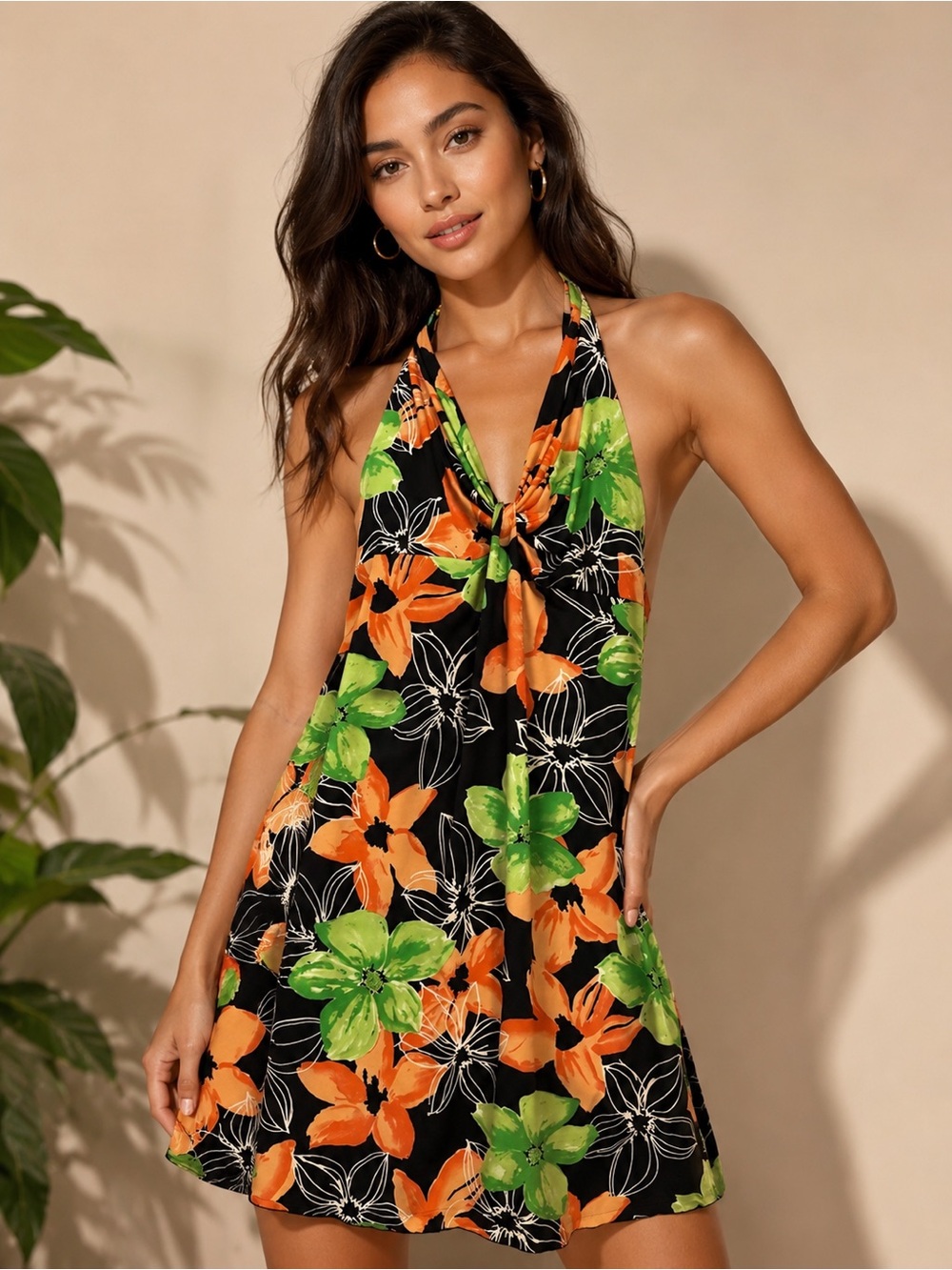 Halter Floral Sundress in Black with Orange & Lime Green Flowers